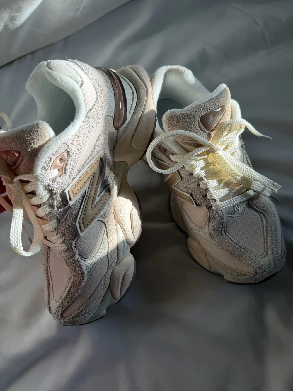New Balance Women's 9060 in Bisque Sea Salt, thick structured suede Sneakers